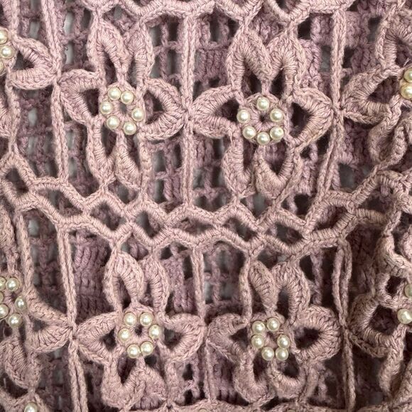Vintage Y2K Womens Top L Pink Crochet Long Vest Boho Hippie Pearls Embellished - Picture 3 of 9
